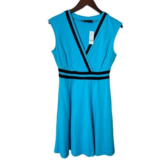 NEW NY&Co Turquiose and Piped Black Flare V Neck Dress Women's Size S - Picture 2 of 6